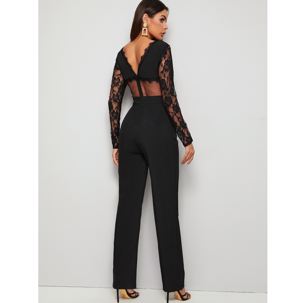Lace Detail Black Elegant V-Neck Jumpsuit - Picture 5 of 13